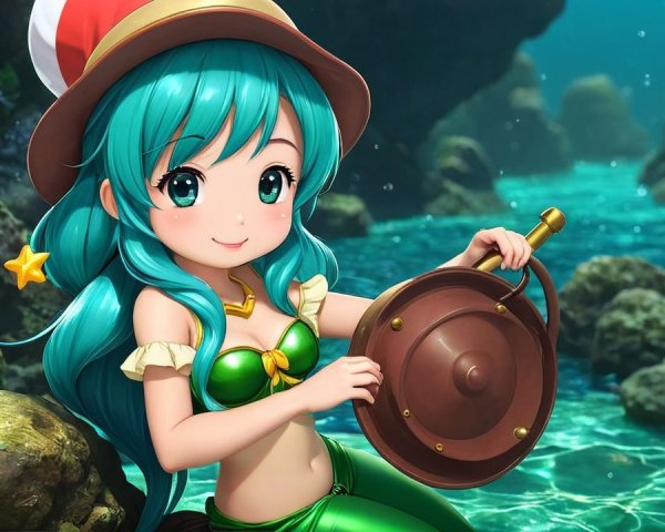Cheerful underwater character with turquoise hair and hat