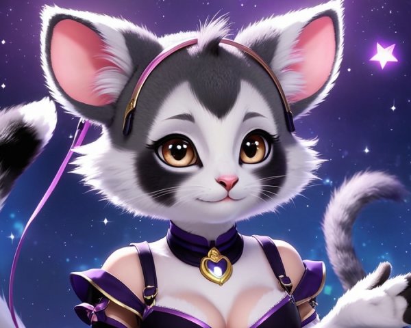 Charming Anthropomorphic Cat Character in Purple Outfit