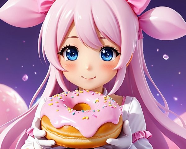 Cheerful anime character with pink hair and donut