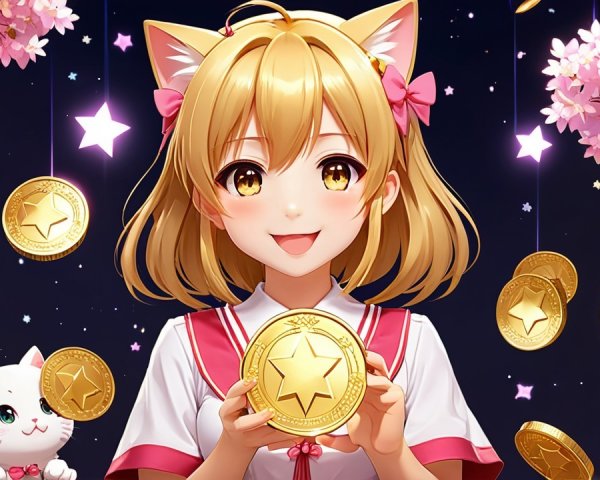 Cheerful Anime Girl with Cat Ears and Coins