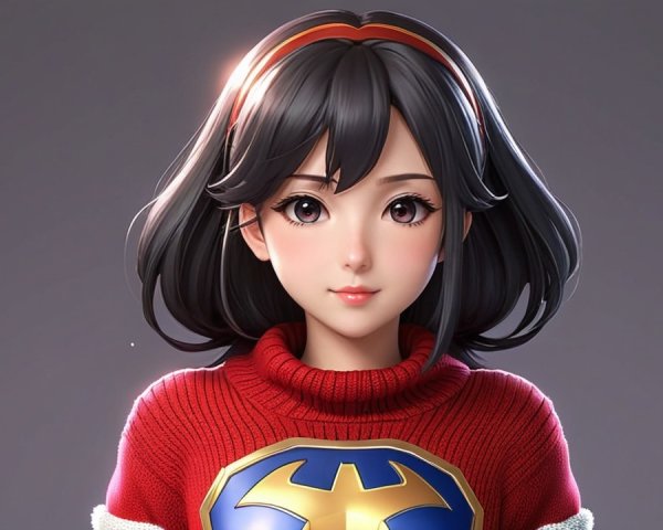 Stylish Young Woman in Red Sweater with Superhero Emblem