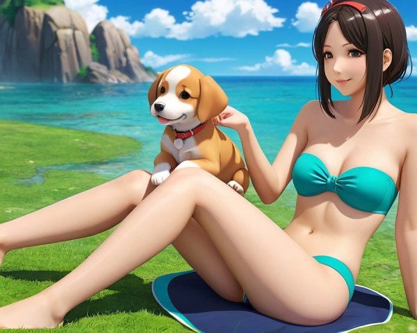 Young woman in teal bikini with puppy on beach towel