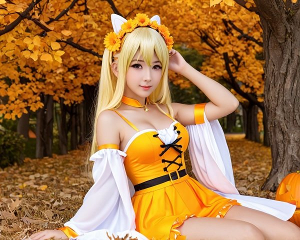 Young Woman in Orange Cosplay Surrounded by Pumpkins