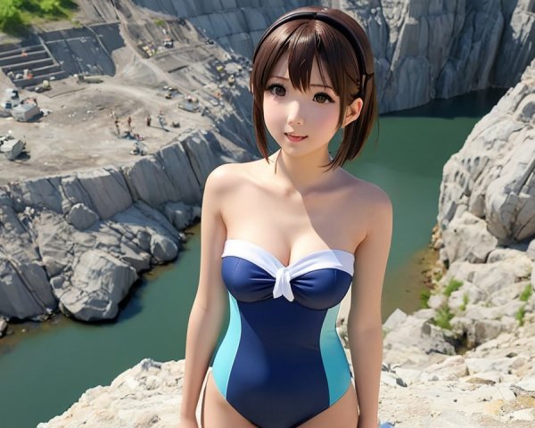 Young woman in swimsuit at rocky cliff by blue water