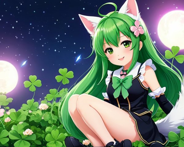 Cheerful anime character in a magical night landscape