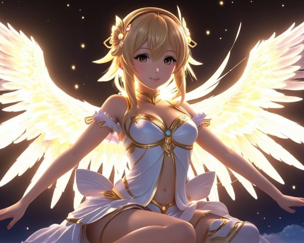 Angelic Figure with Golden Wings in Starry Sky