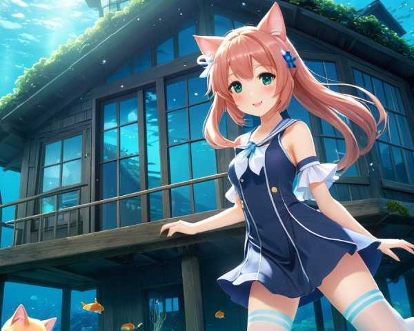 Cheerful girl with pink hair in whimsical underwater scene