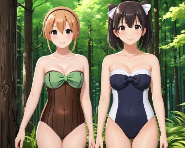 Animated Characters in Swimsuits in Forest Setting