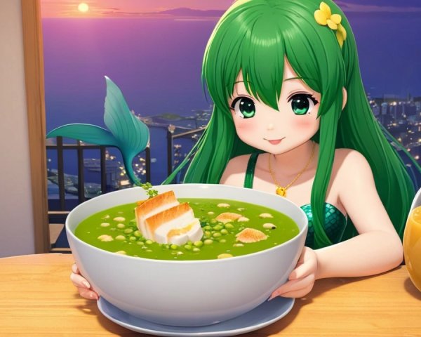 Cheerful Anime Character with Green Soup at Sunset
