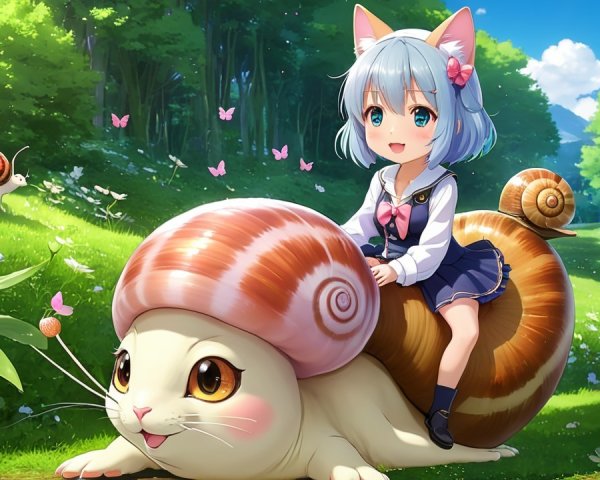Cheerful girl with cat ears on a friendly snail in meadow