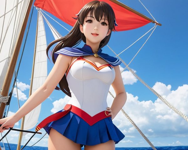 Female Character on Sailboat Under Blue Sky