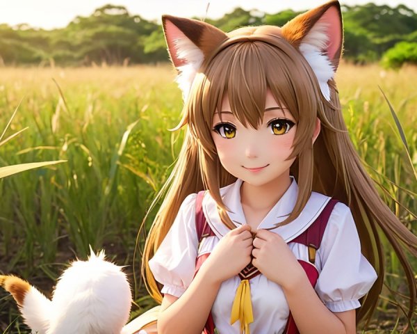 Cheerful anime character in a sunlit green field