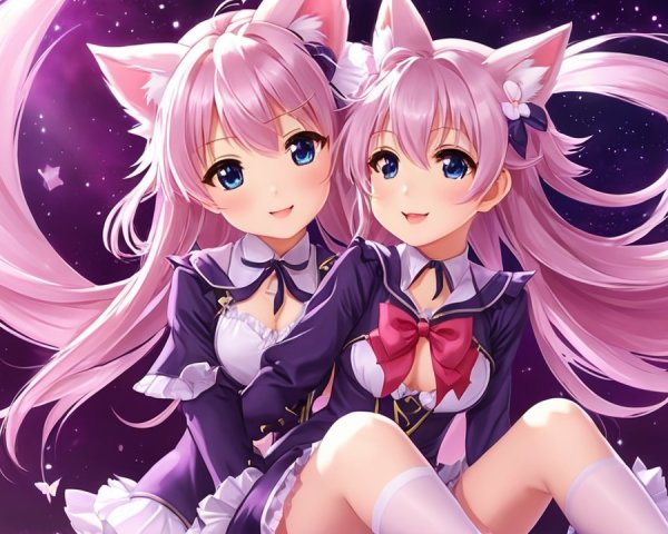 Cheerful Anime Characters in Starry Night Scene