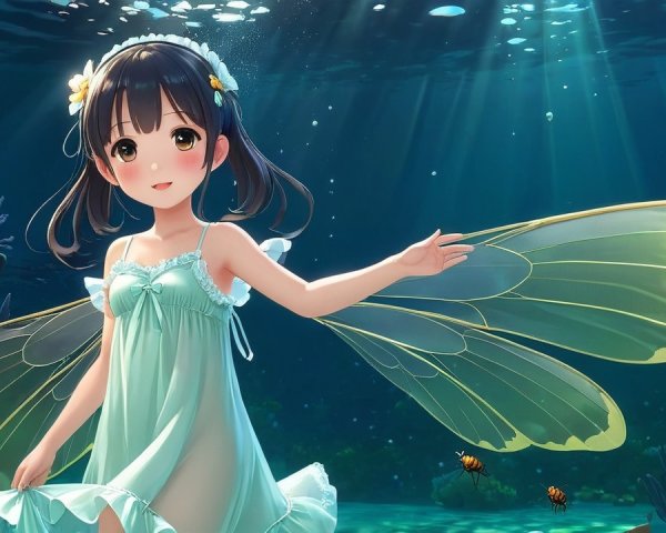 Underwater Scene with Girl and Butterfly Wings