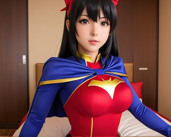 Young woman in vibrant superhero costume in cozy room