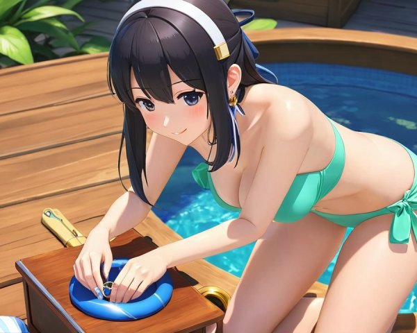 Young woman in turquoise bikini by hot tub outdoors