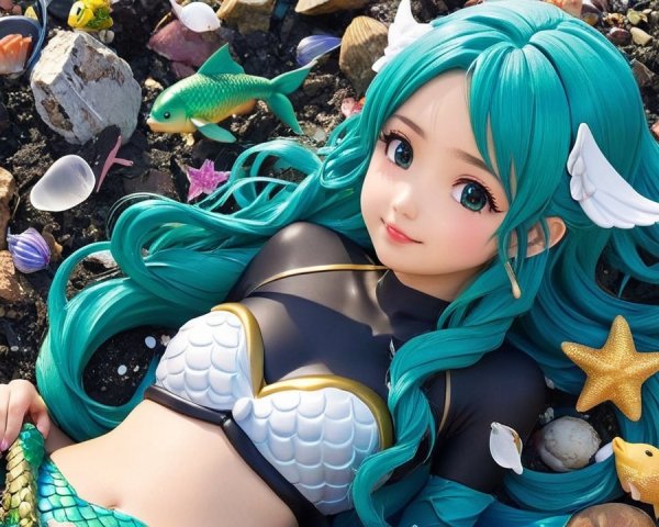 Vibrant Mermaid on Rocky Shoreline with Seashells