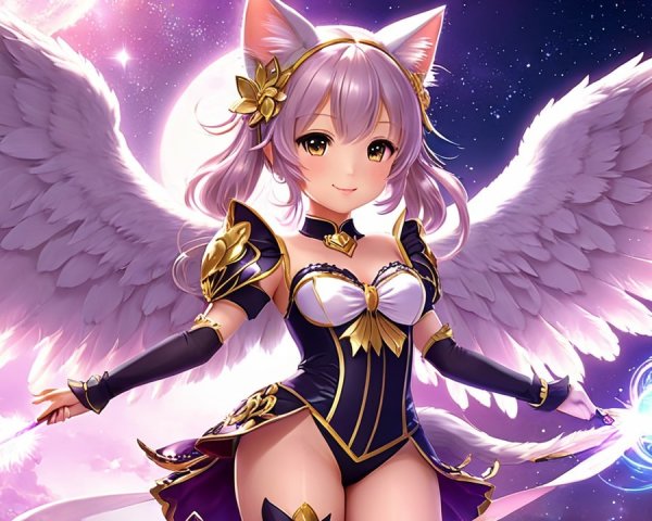 Whimsical Fantasy Character with Cat Ears and Wings