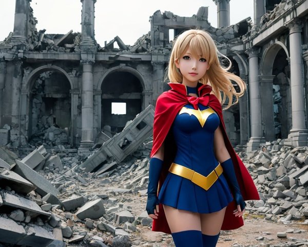 Heroic Figure in Vibrant Costume Among Ruins