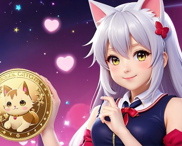 Anime Character with Cat Ears and Golden Coin