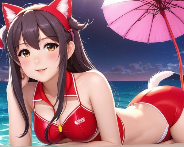 Anime Character with Cat Ears at Sunset Beach