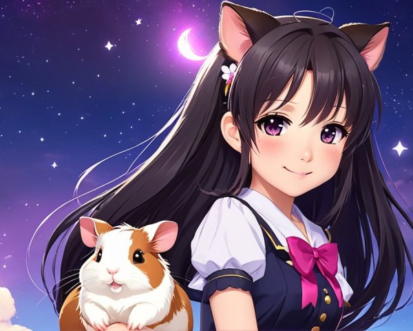 Girl with cat ears and guinea pig under starry sky