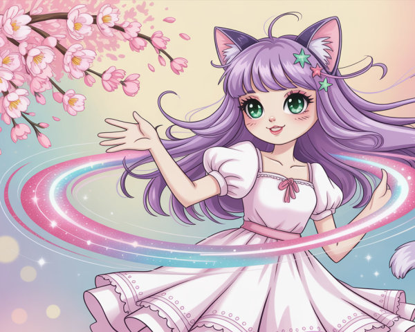 Anime Neko Girl with Purple Hair and Cherry Blossoms