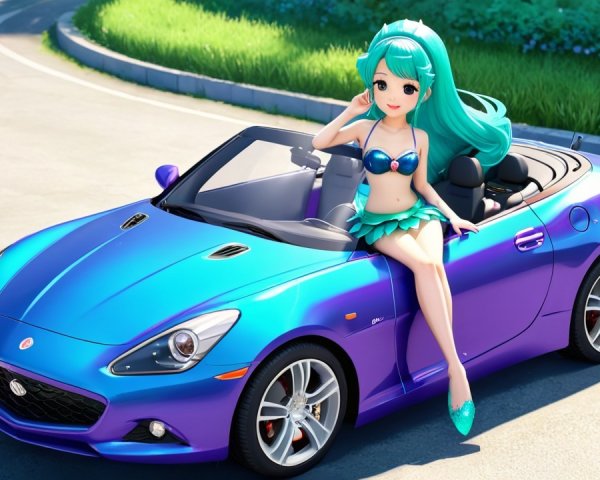 Sporty Convertible with Anime Character in Sunny Setting