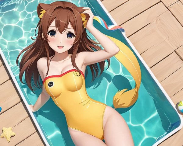 Cheerful Anime Character in Pool with Summer Vibe