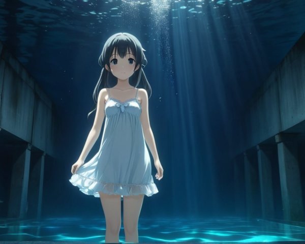 Young girl in white dress in serene aquatic setting