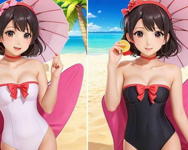 Stylized character in playful beach setting with swimsuits