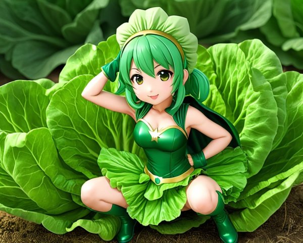 Whimsical Character Amidst Lush Cabbage Leaves