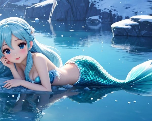 Anime-style mermaid on rocky shore in icy ocean