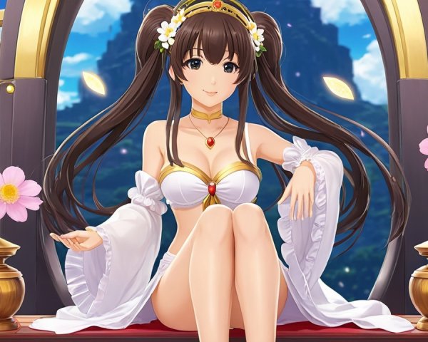 Character with Twin Tails in Elegant Outfit and Flowers