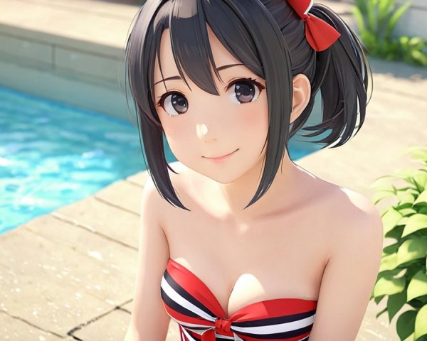 Cheerful anime girl by a sparkling pool in summer