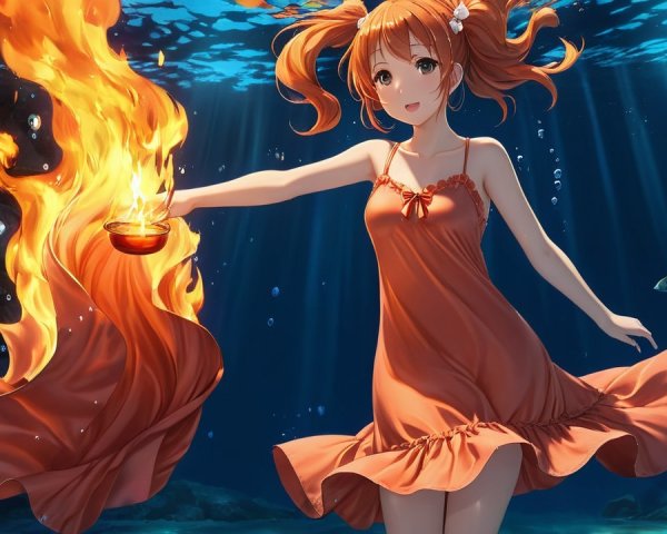 Underwater Scene with Girl in Orange Dress and Fire Bowl