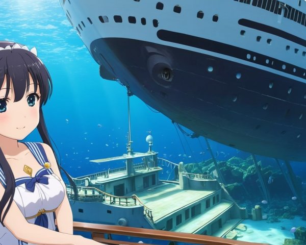 Underwater Scene with Girl and Sunken Ships