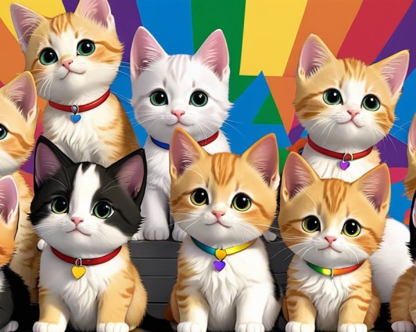 Group of Cartoon Kittens on Rainbow Background