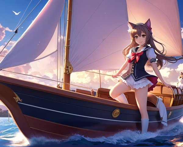 Young girl with cat ears on a sailboat at sunset