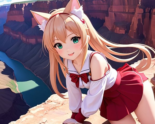 Cheerful anime character at canyon with red cliffs
