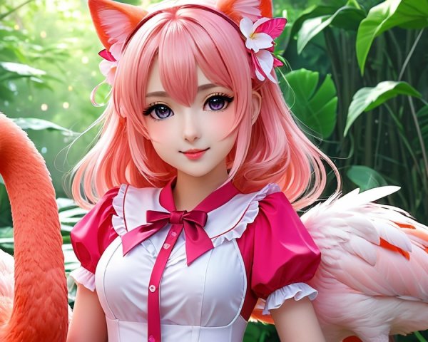 Young Woman with Pink Hair in Tropical Setting