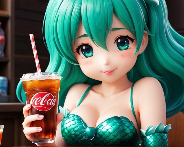 Vibrant Anime-Style Mermaid with Coca-Cola at Table