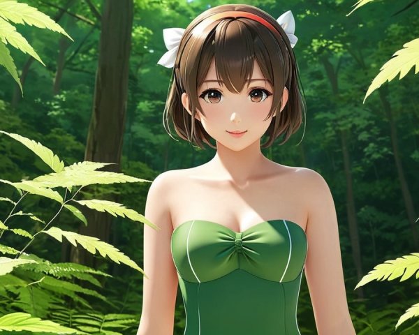 Young woman in a green forest with sunlight and ferns