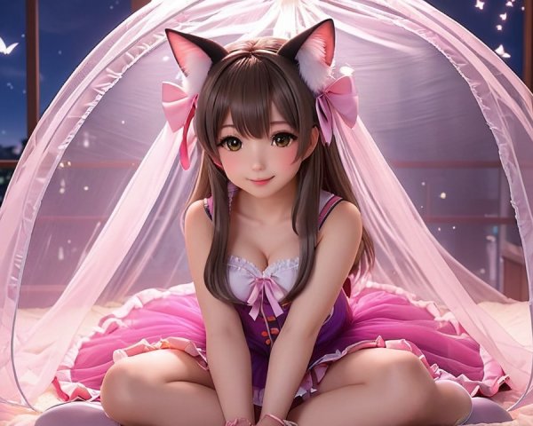 Whimsical Bedroom Scene with Girl in Pink Outfit