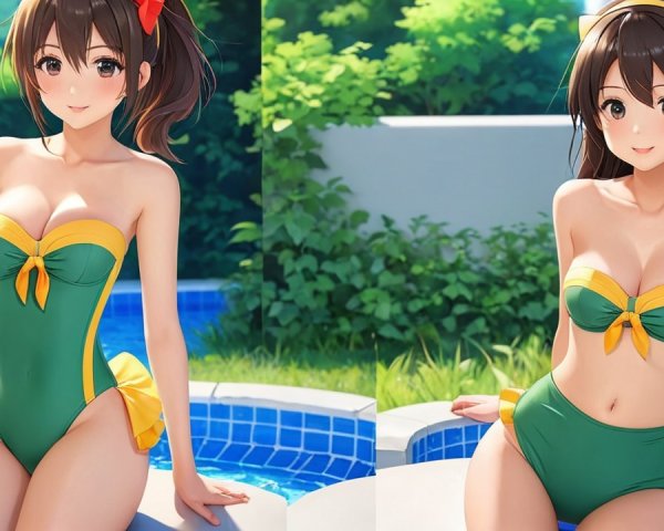 Cheerful woman by pool in vibrant swimsuit and drink
