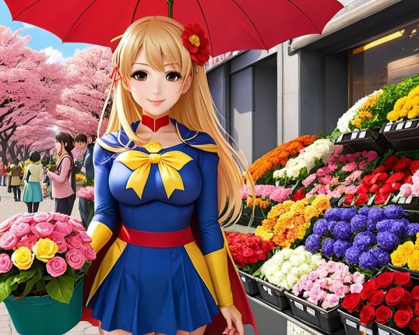 Cheerful Woman in Flower Market with Colorful Roses