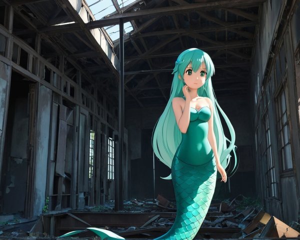 Mermaid in Abandoned Building with Sunlight and Debris