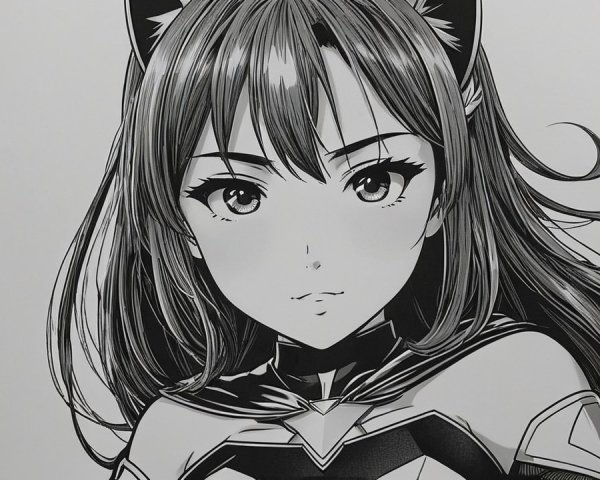 Black-and-white illustration of a confident female character