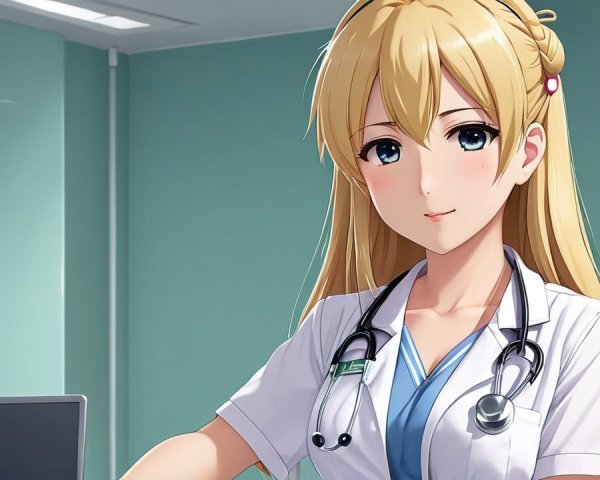 Young Woman in Lab Coat at Modern Clinic Desk