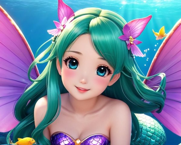 Whimsical Mermaid with Turquoise Hair and Butterfly Wings